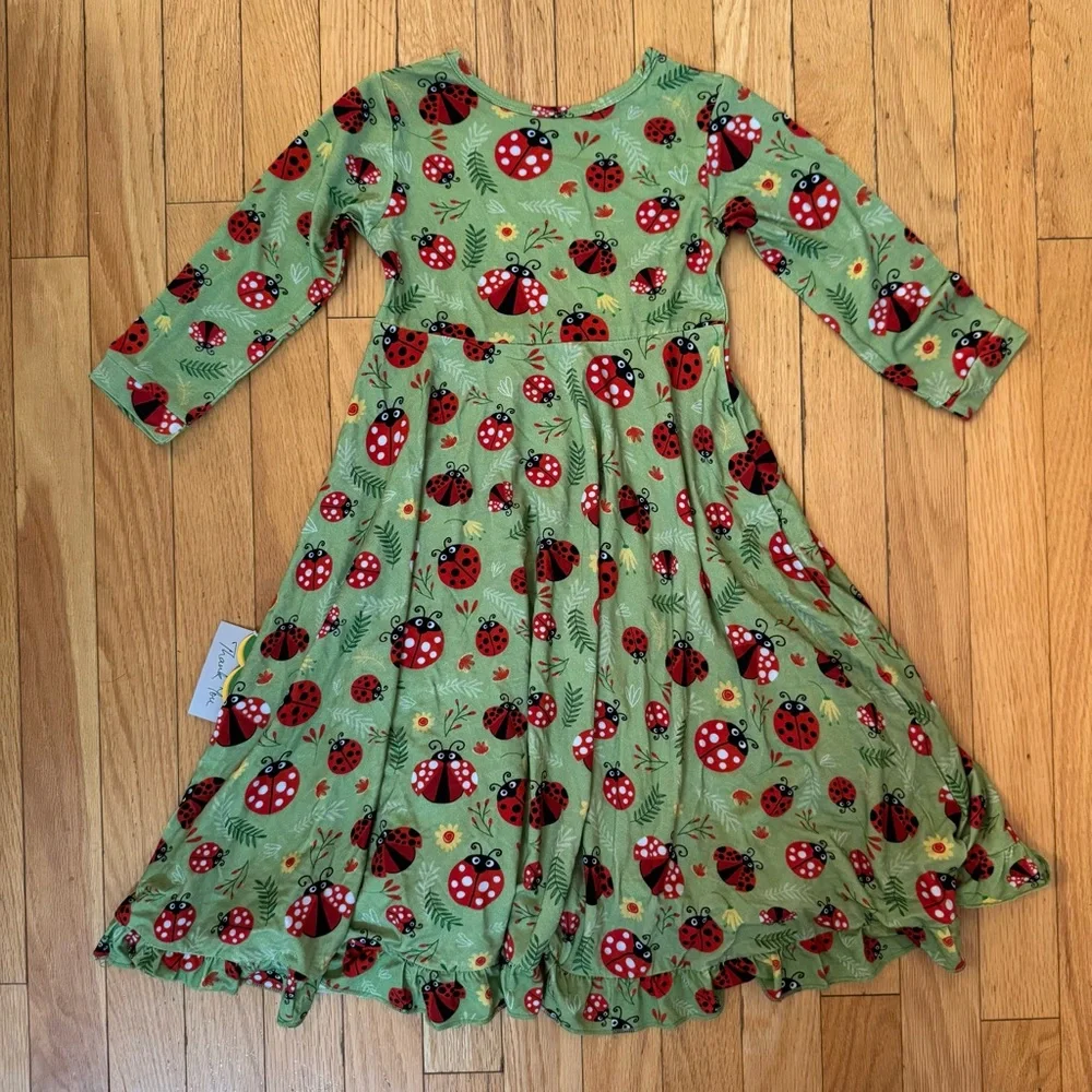 Pure Bambinos Girls Green Ladybug Bamboo‎ Viscose Twirl Dress Size 7Y NWT